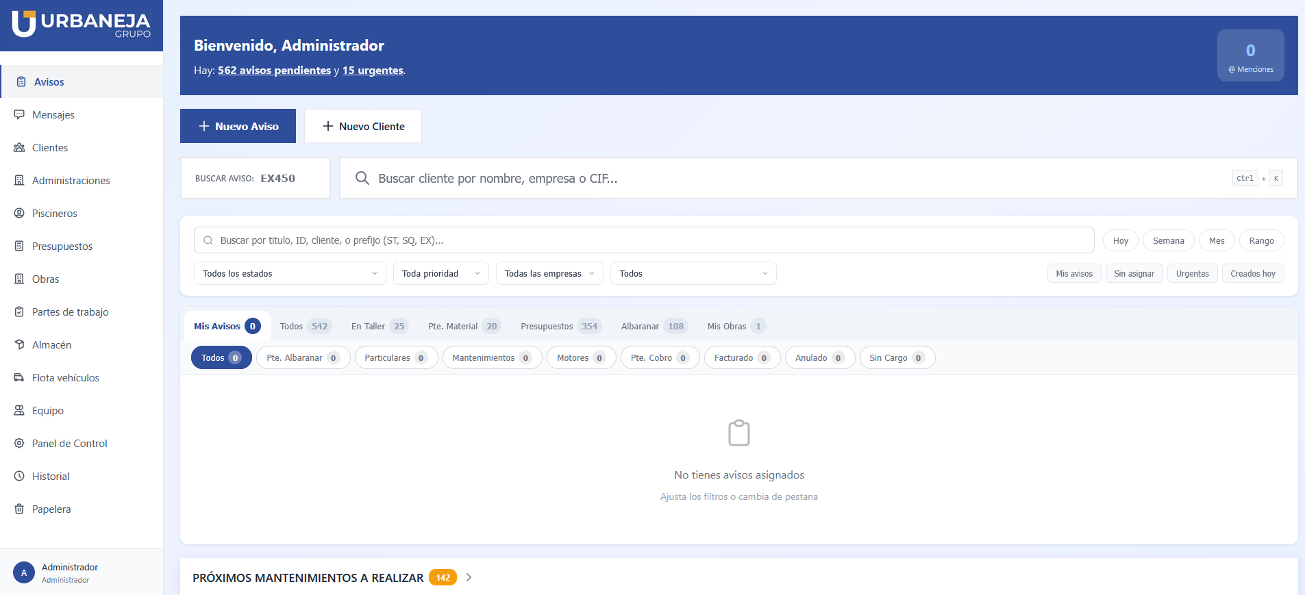 CRM de gestión de avisos y partes de trabajo para Grupo Urbaneja